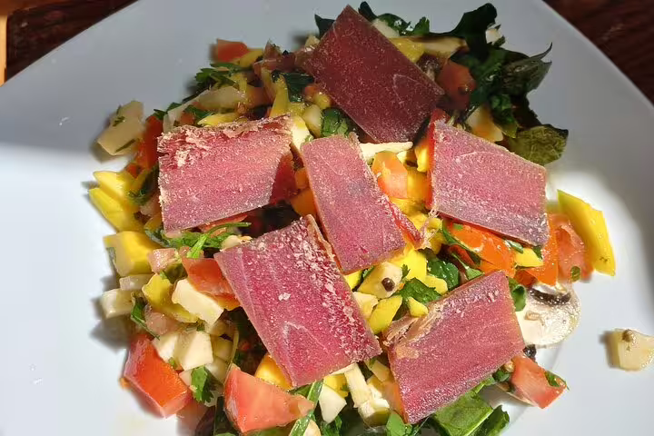 Vibrant vegan salad with fresh vegetables and plant-based protein slices, highlighting the tour's healthy offerings.