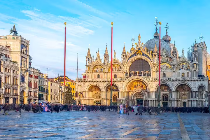 St Mark’s Basilica and lively Piazza San Marco, a landmark stop before your Venice private gondola ride through canals