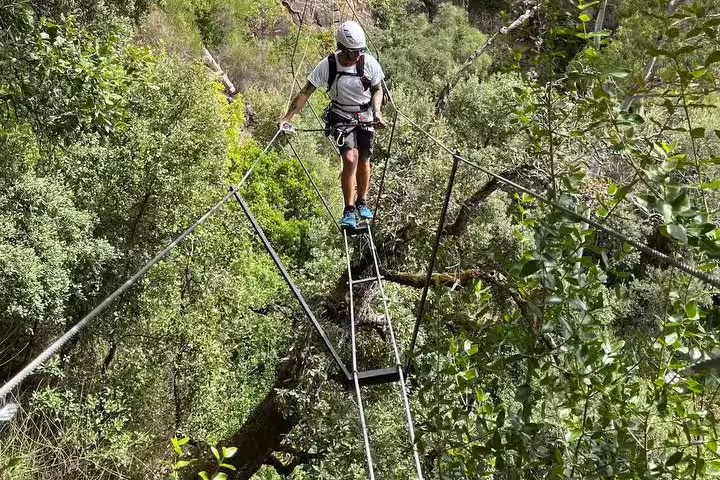 Adventurer traverses a high rope bridge amidst lush greenery on Via Ferrata El Caimán in Alcornocales Natural Park.
