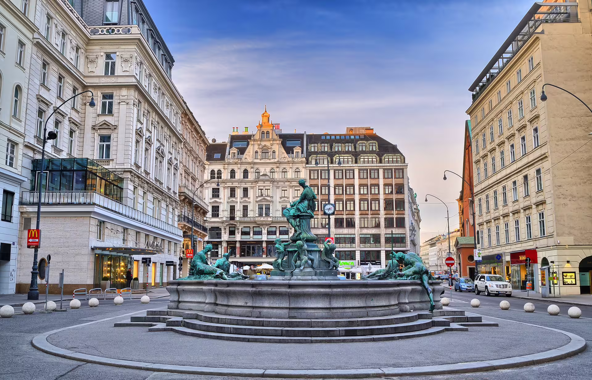 Vienna city center fountain and historic facades, featured on a 1-day cultural heritage walking tour audioguide