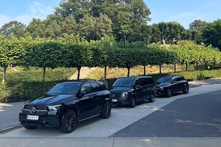 Private Vienna day tour luxury Mercedes vehicle lineup for chauffeured sightseeing and hotel pickup