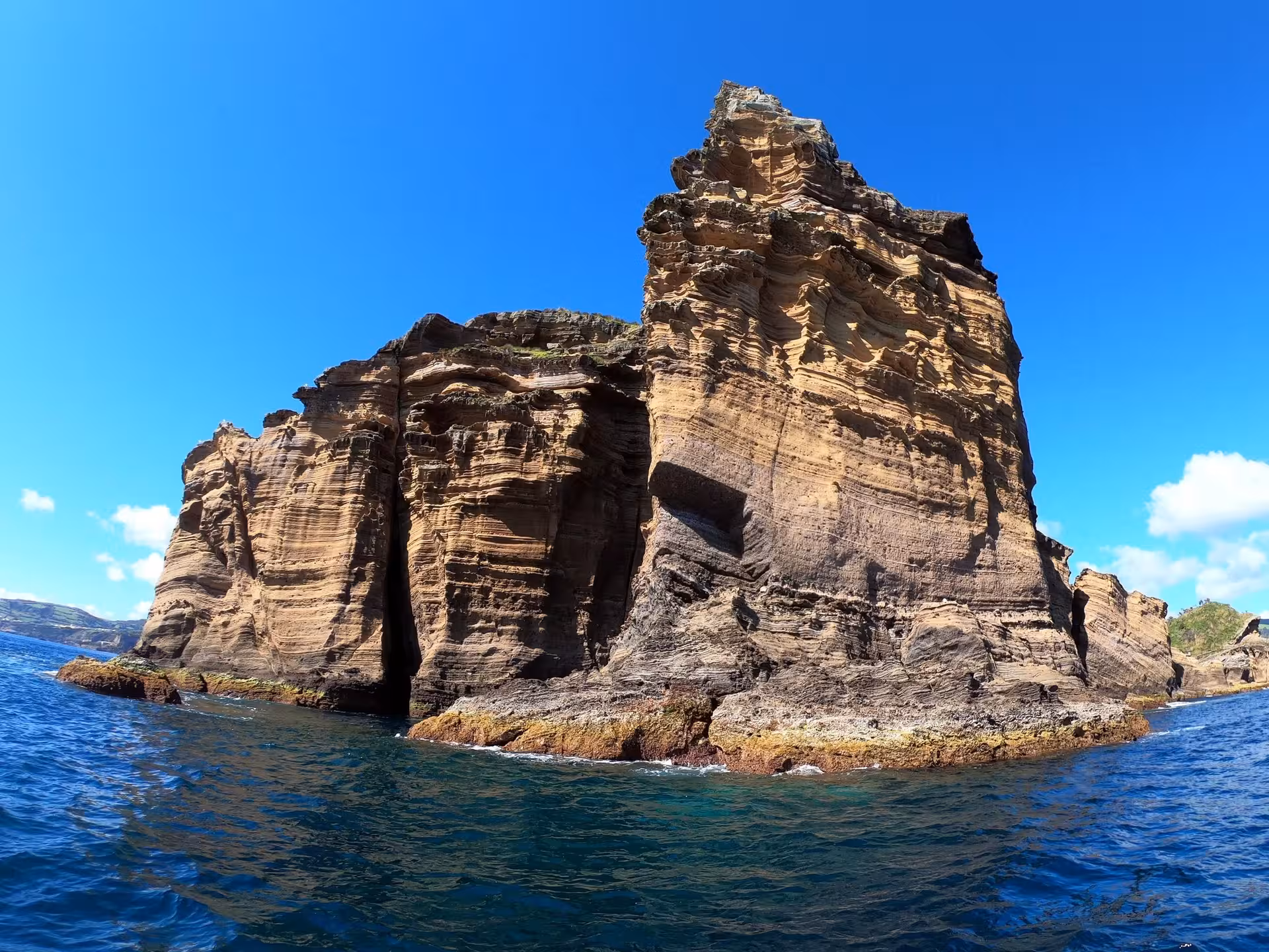 Close-up of volcanic rock cliffs on Vila Franca do Campo Islet, Azores boat tour around the islet