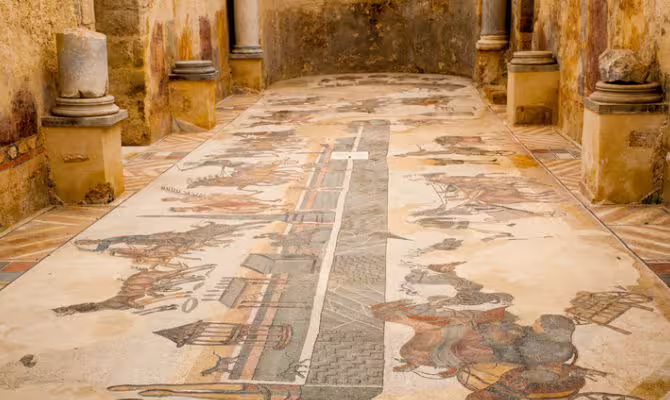 Villa Romana del Casale mosaic corridor in Piazza Armerina, highlight on Palermo to Syracuse transfer tour