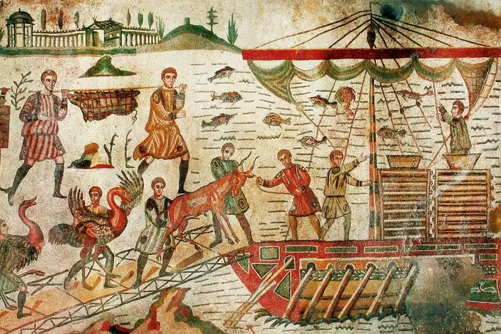 Villa Romana del Casale mosaic scene in Piazza Armerina, Sicily highlight on group tour from Palermo