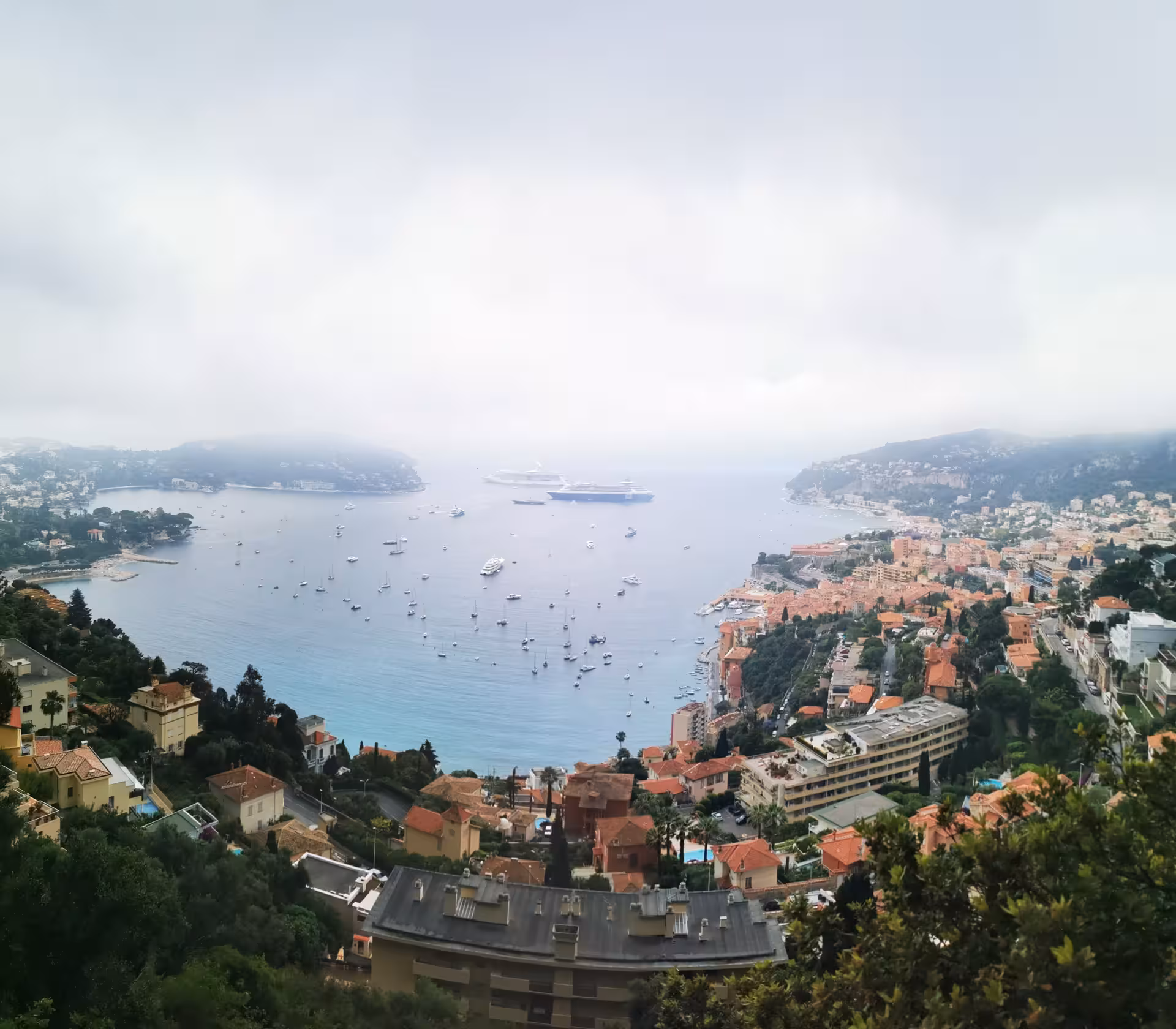 Panoramic Villefranche-sur-Mer bay near Nice with yachts, seen on a private Marseille shore excursion to Monaco and Eze