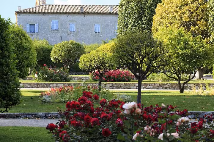 Charming garden in Villefranche sur Mer with blooming roses and lush greenery surrounding a rustic house.