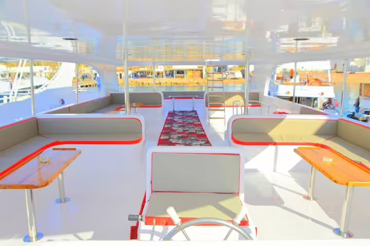 Upper deck lounge seating on VIP boat for White Island and Ras Mohamed snorkeling tour from Sharm El Sheikh