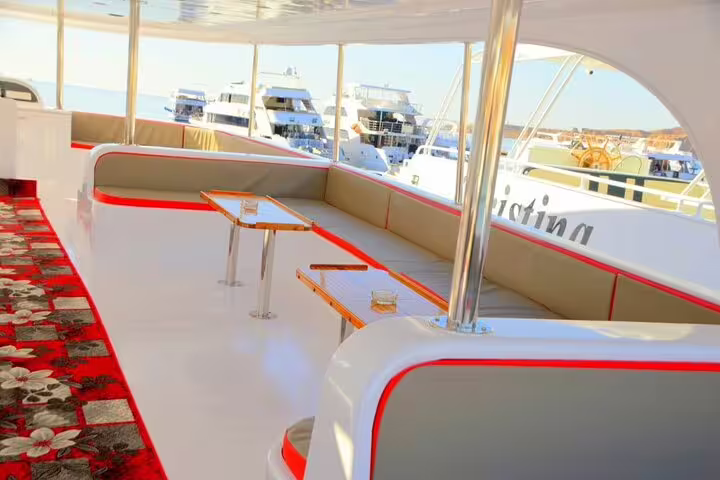 VIP boat lounge seating at Sharm El Sheikh marina for private White Island and Ras Mohamed snorkeling day