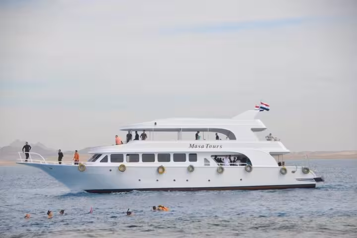 VIP boat in Sharm El Sheikh with snorkelers, heading to Ras Mohamed and White Island Red Sea tour