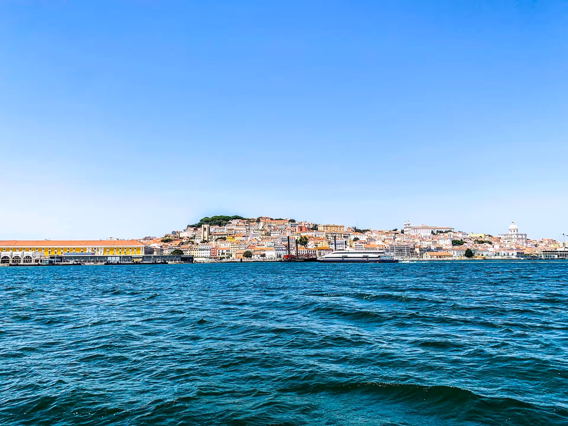 Lisbon waterfront skyline from the Tagus River on a VIP private catamaran tour, panoramic city views