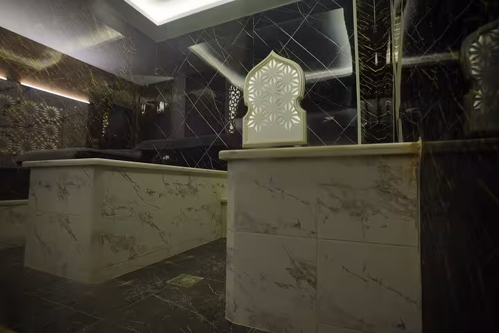 Marble hammam room in Sharm El Sheikh spa, luxury VIP solo massage experience with steam bath setting