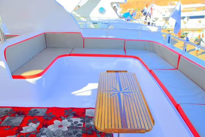VIP private boat sun deck seating and table for White Island and Ras Mohamed snorkeling day trip