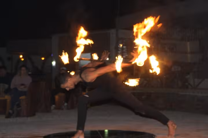 Acrobatic fire dance at Viva Safari dinner show, evening finale after quad bike and Spider Car ride