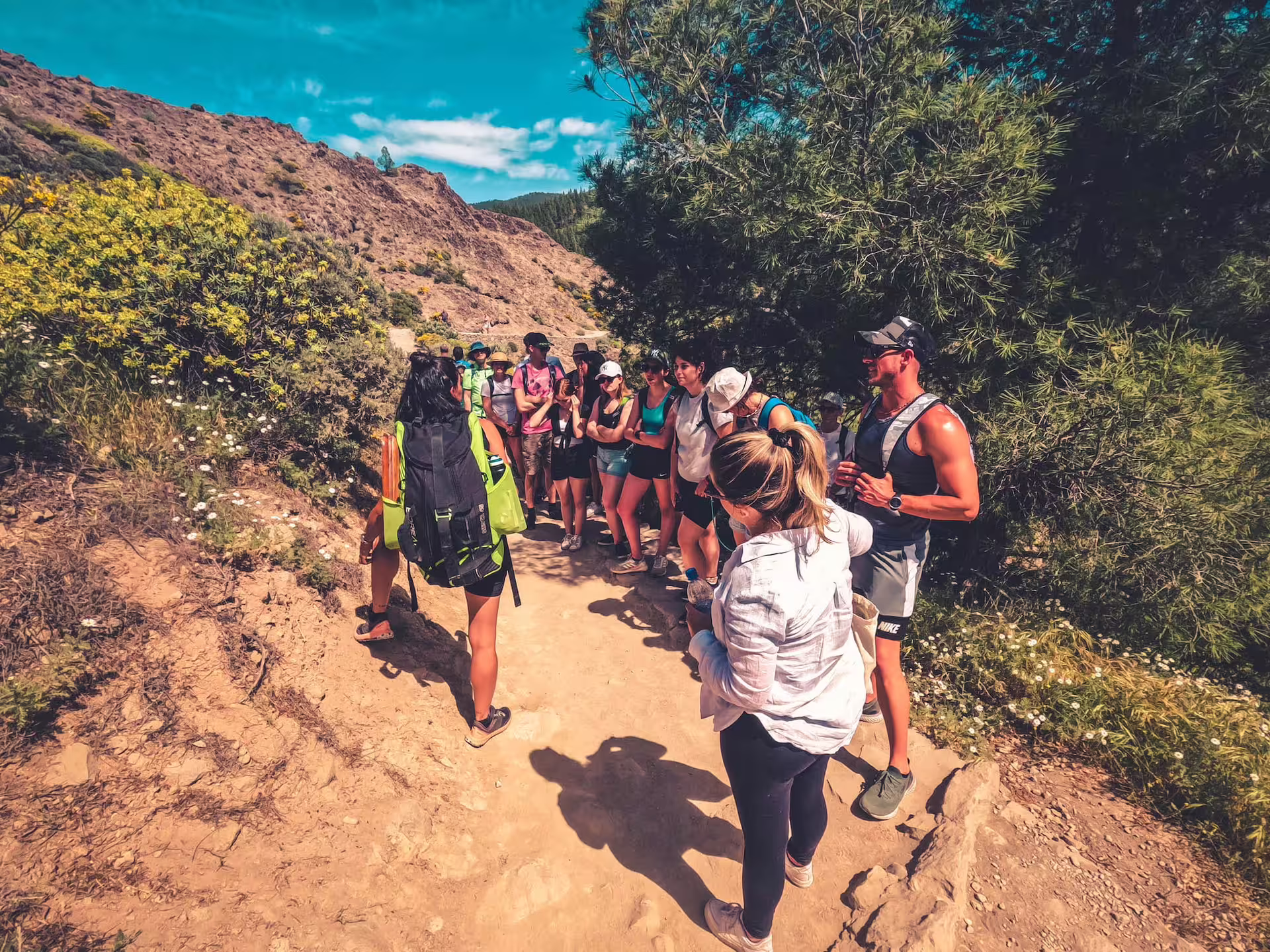 Tour group gathers on a sunlit trail with lush greenery during the Volcano Heart Tour, ready for local products tasting.