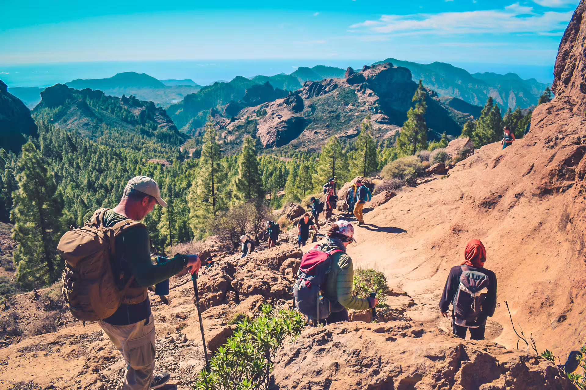 Hikers navigate scenic volcanic terrain on Volcano Heart Tour with panoramic views and evergreen forests in background.