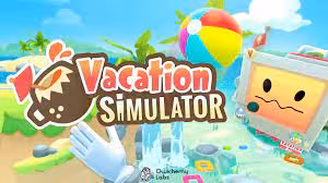 Vacation Simulator VR scene with beach resort and robot guide, perfect for VRoom 20' immersive VR gaming