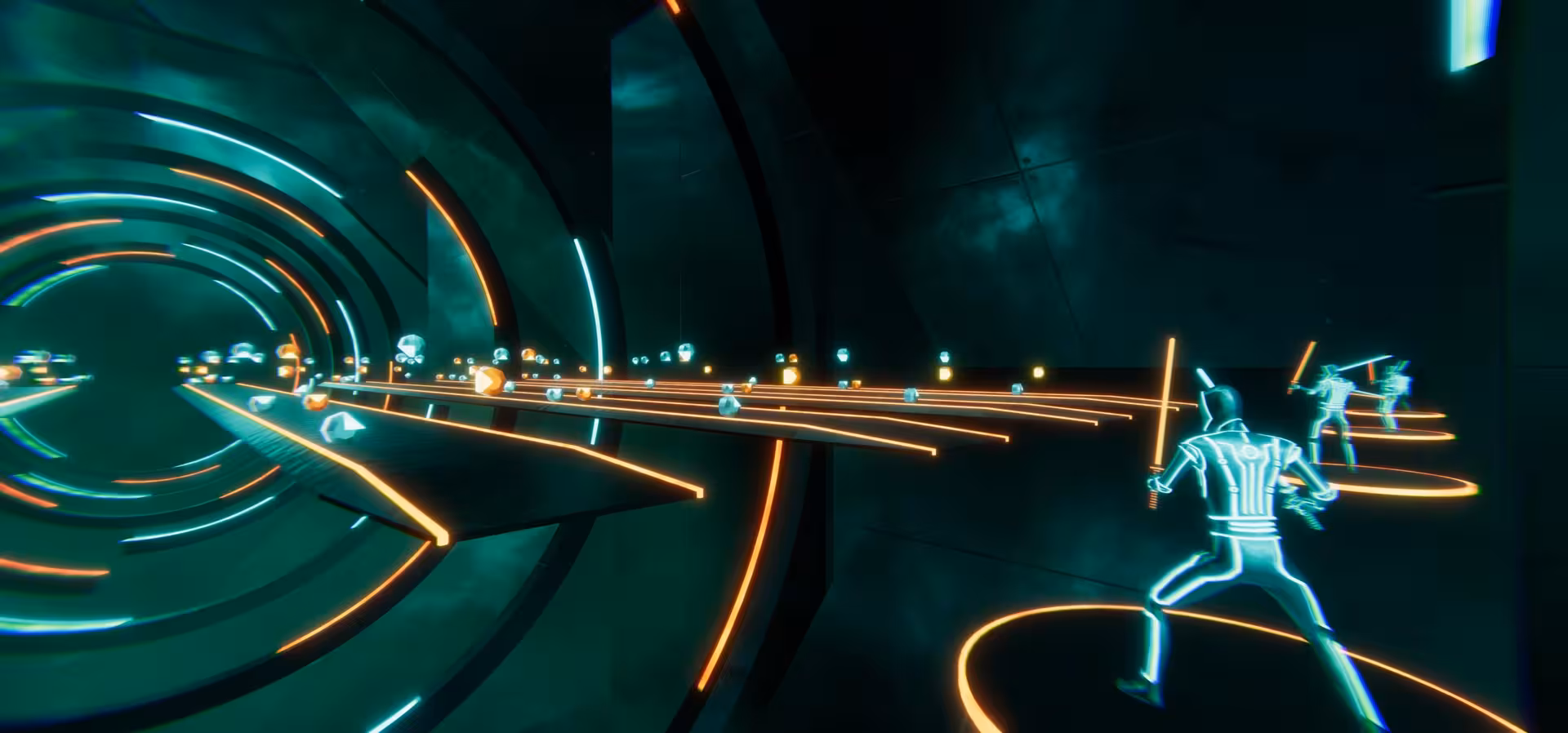 VRoom 45' neon VR arena tunnel with glowing avatars and light trails in an immersive virtual reality game