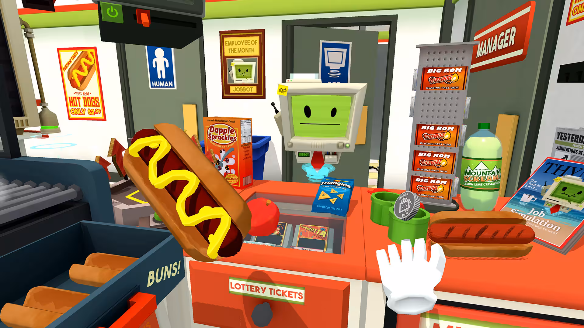 VRoom 45' VR Job Simulator convenience store scene, serving hot dog at checkout with quirky robot cashier