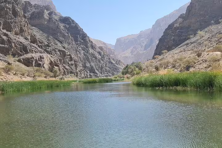 Serene view of Wadi Al Arbeieen with lush greenery and rugged mountains, ideal for an adventurous Oman tour.
