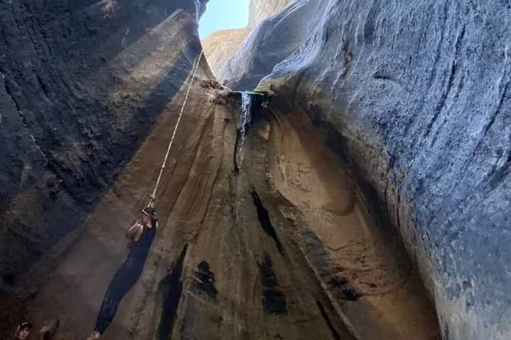 Experience thrilling rope descents in the majestic canyons of Wadi Dham on a private full-day excursion.