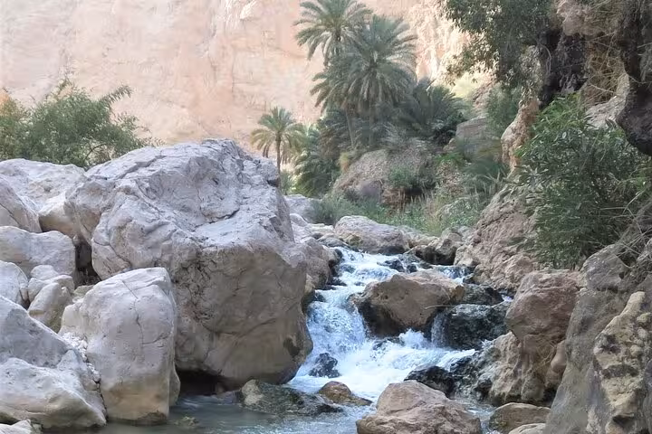 Clear stream cascades over boulders and palm-fringed cliffs in the lush Wadi Shab oasis on an Oman day tour