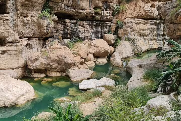 Lush greenery and rocky cliffs surround the serene turquoise pools of Wadi Tiwi, a highlight of the Muscat day tour.