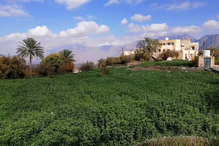Scenic view of lush green fields and distant hills in Wakan Village, perfect for a Nakhal Hotspring day tour.