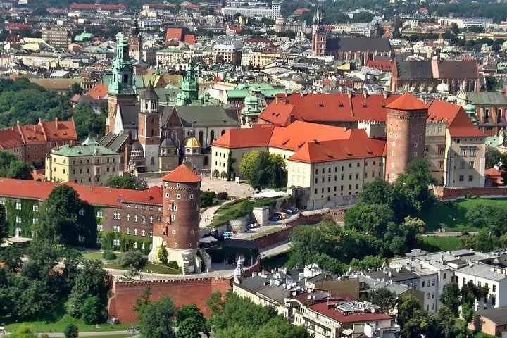 Aerial view of Wawel Castle and Cathedral rooftops on a private half-day Krakow sightseeing tour