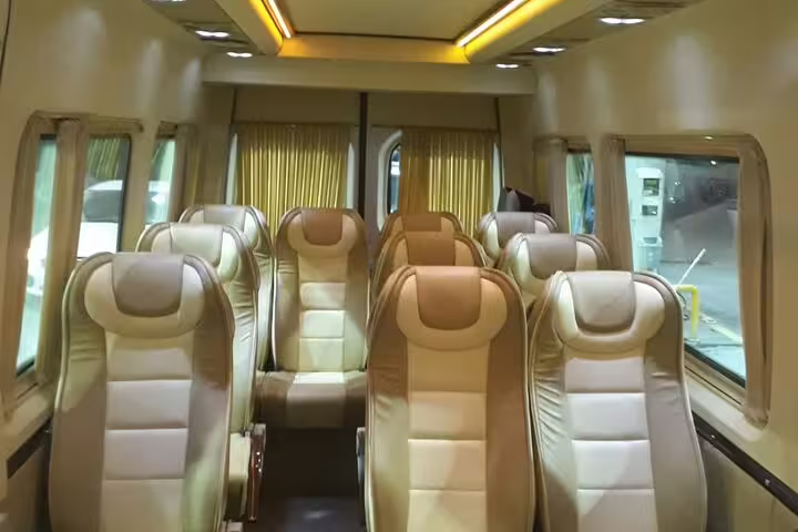 Comfortable mini group tour van interior with leather seats for 7-day guided Western Turkey travel