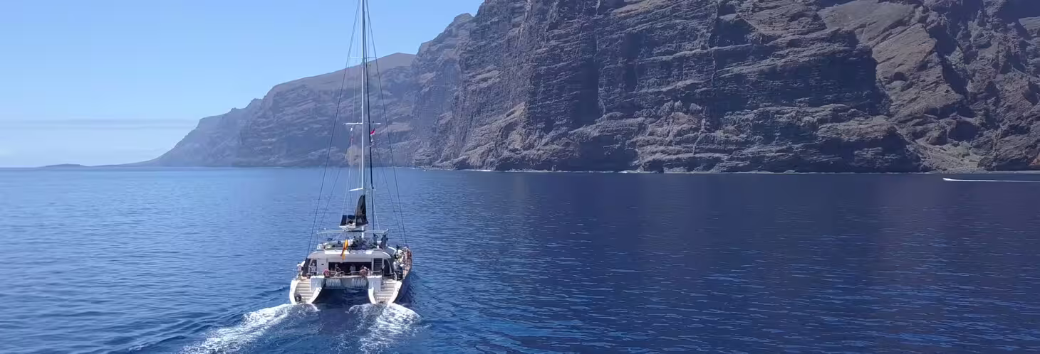 Catamaran sails along towering cliffs in Costa Adeje, ideal for whale watching and breathtaking ocean views.