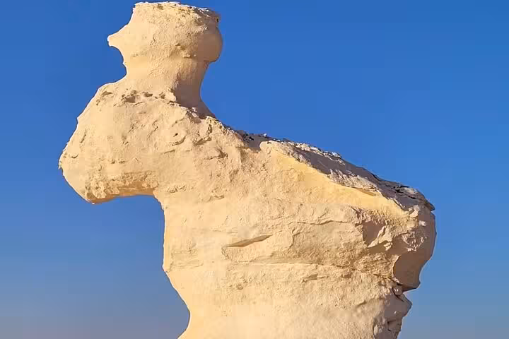 Close-up of a striking rock formation in the White Desert, ideal for exploring on a private camping adventure.