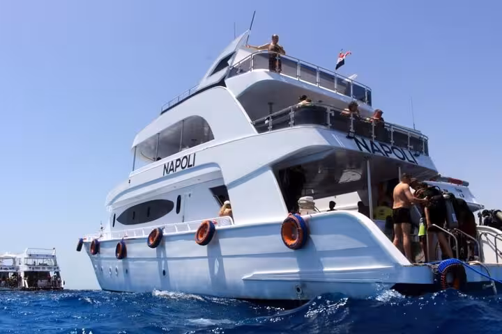 Luxury yacht at sea for White Island and Ras Mohammed boat trip with lunch from Sharm El Sheikh, Red Sea