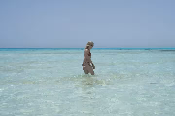 Traveler wading in crystal-clear shallow water on White Island day sail tour from Sharm El Sheikh