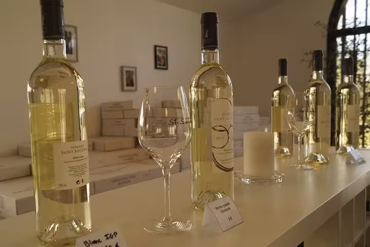 White wine bottles and tasting glass set for Pce’s Vineyard sommelier course with wine and food pairing