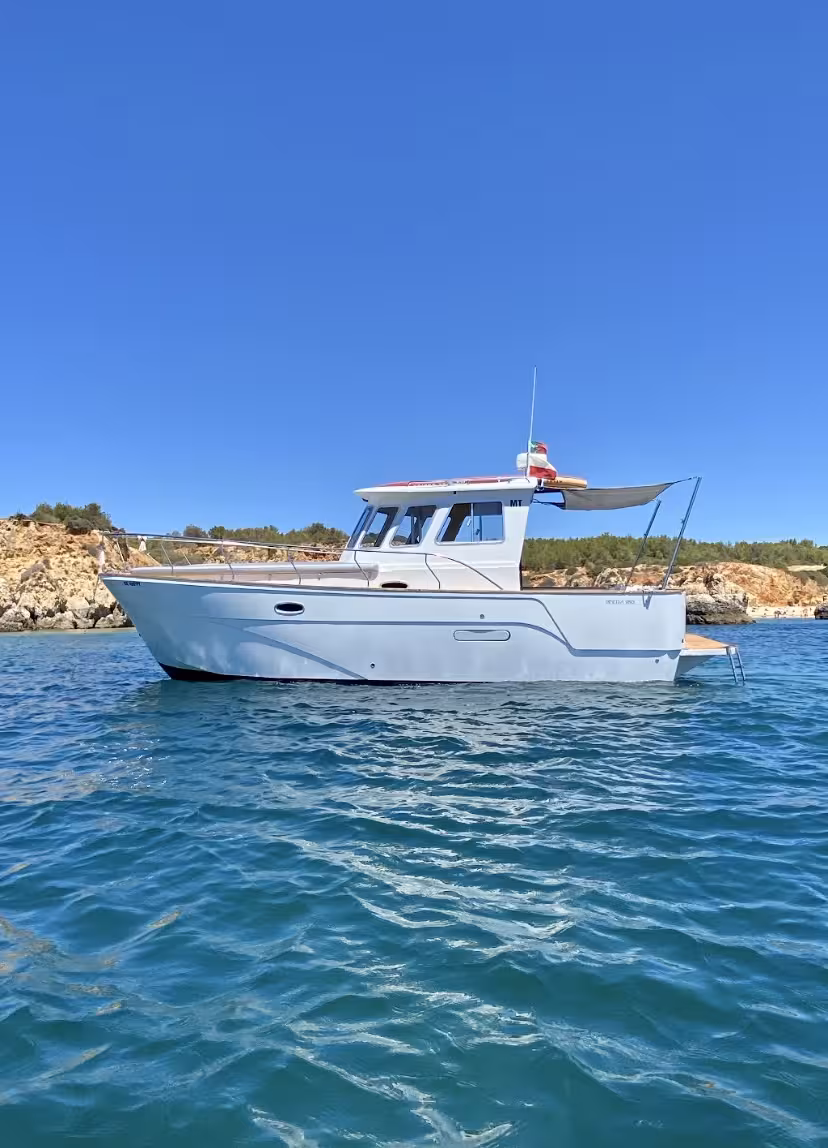 Elegant white yacht sailing in clear blue waters, ideal for a half-day private charter adventure with scenic views.