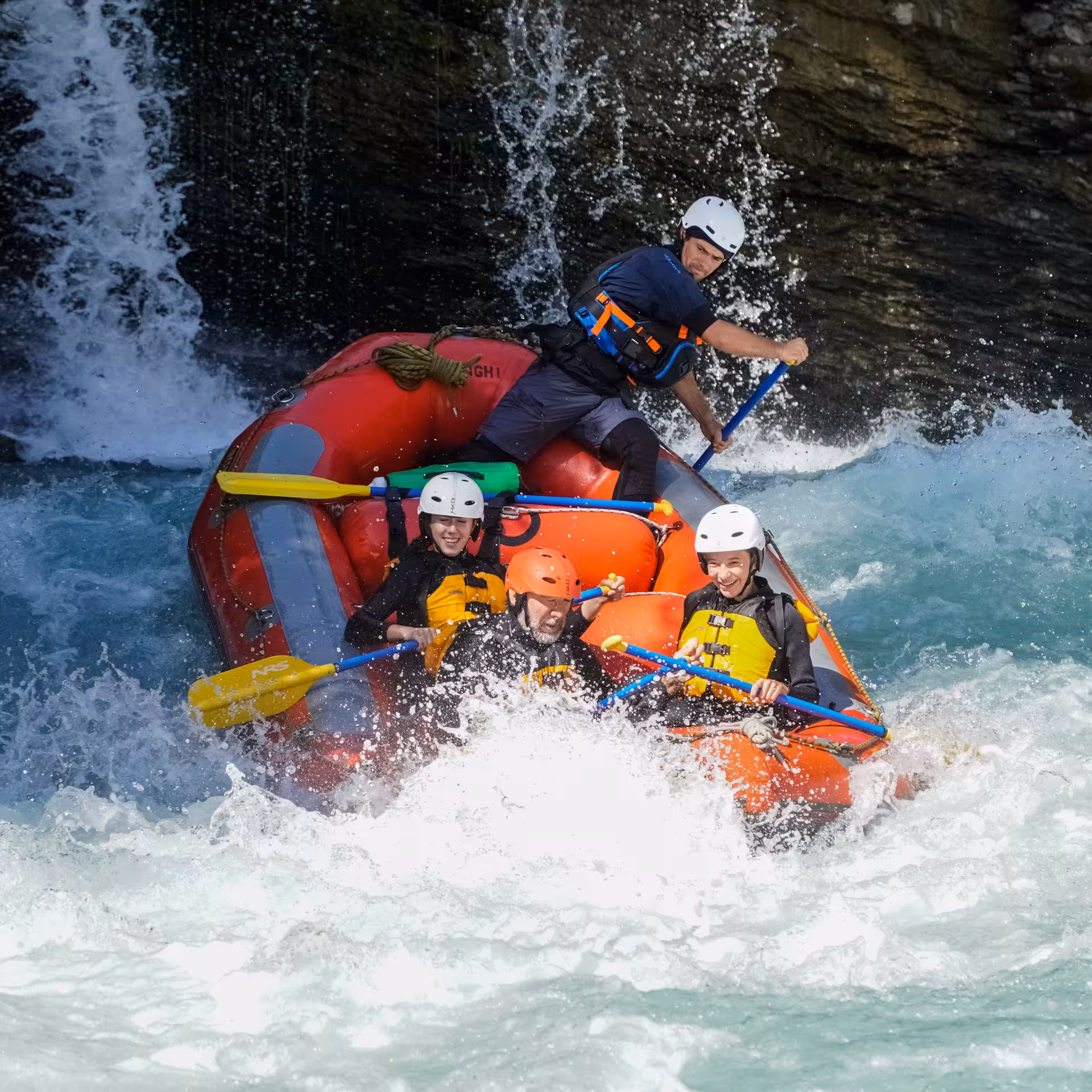 Adventurers navigate thrilling rapids on the Inn River during the Whitewater Action Tour in Engadin, Switzerland.