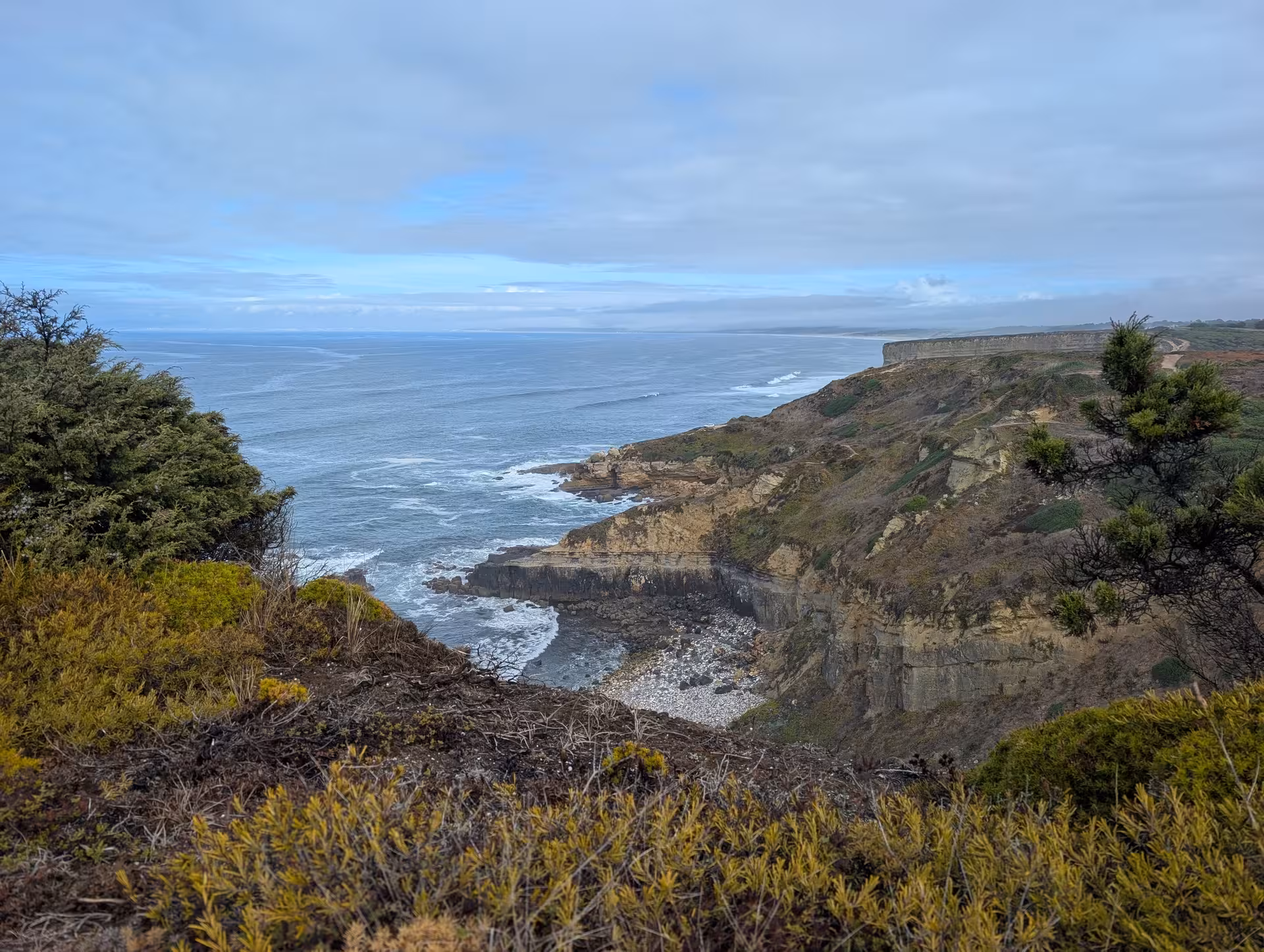 Coastal cliffs and rugged ocean views on the Hiking Wild West Coast trail, with waves and headlands below