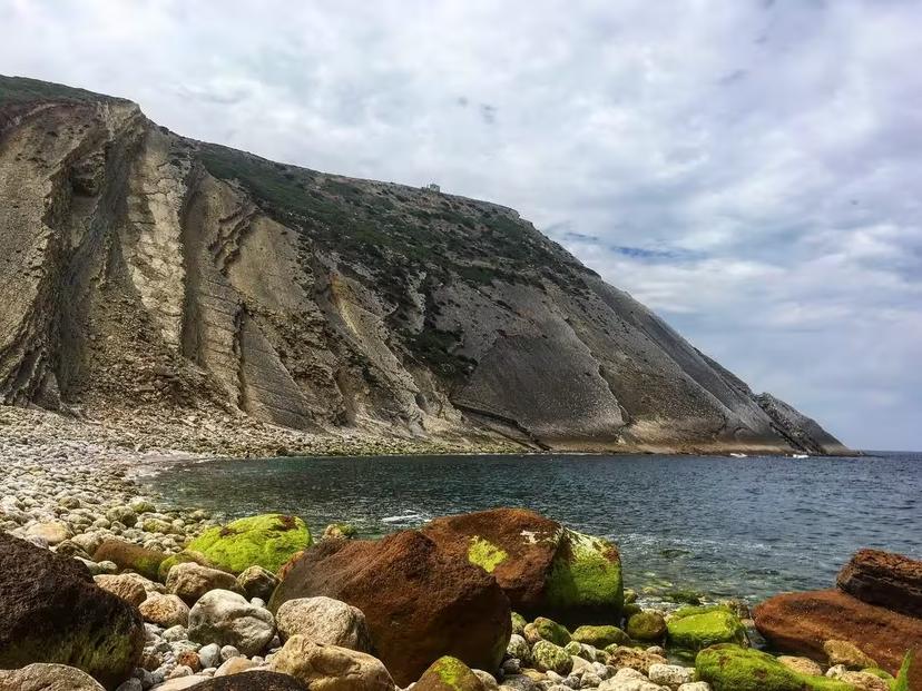 Rocky beach and dramatic sea cliffs on the Hiking Wild West Coast tour, with clear water and mossy boulders