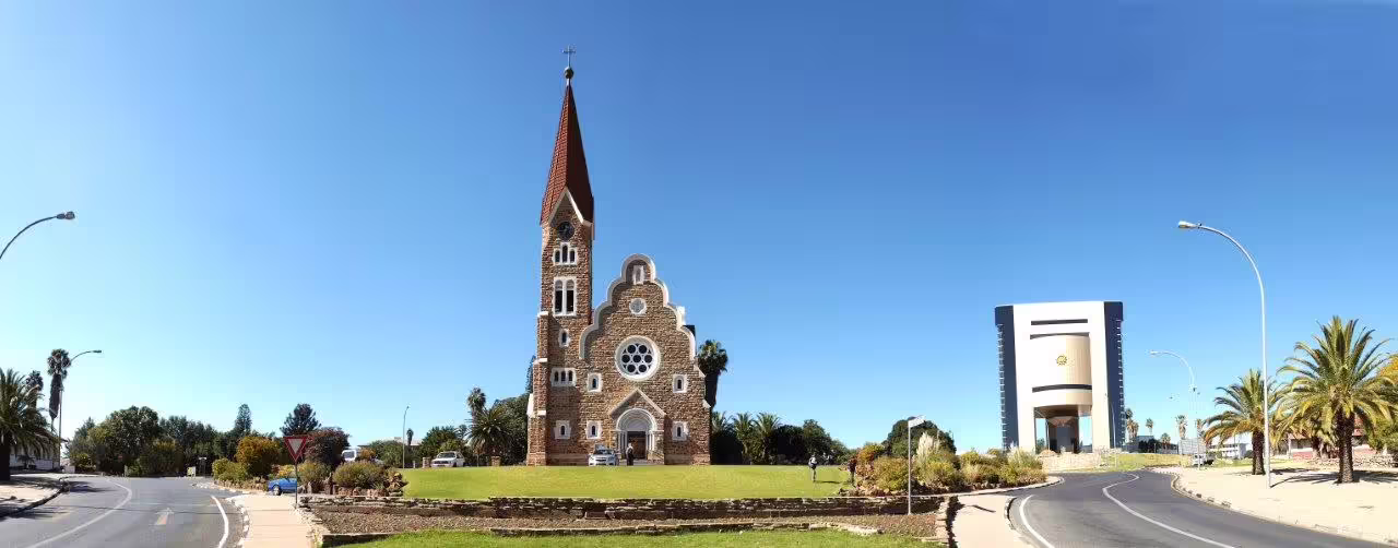 Historic church in Windhoek, Namibia, showcasing stunning architecture on a self-drive tour route.