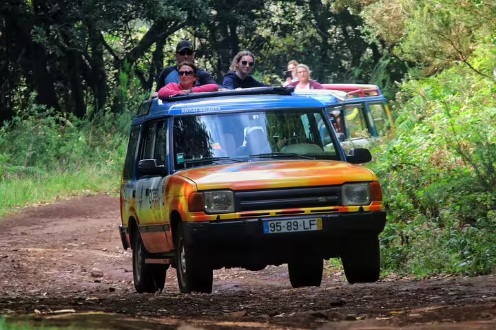 Tourists enjoy a thrilling off-road adventure through lush Madeira landscapes on a Wine & Cabo Girão Jeep Safari.