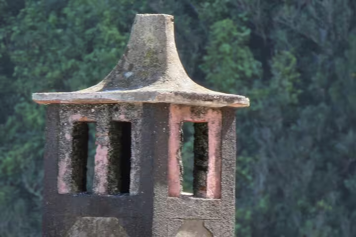 Rustic stone chimney amidst lush greenery on the Wine & Cabo Girão Jeep Safari tour in Madeira, showcasing scenic landscapes.