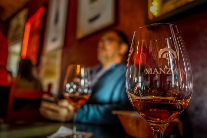 Close-up of a wine glass with a blurred background, capturing the essence of a wine tasting tour in Arrabida, Portugal.