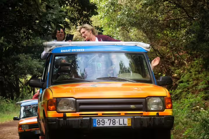 Adventurous tourists enjoy a thrilling 4x4 jeep ride through lush forest trails on an exciting wine tasting tour.