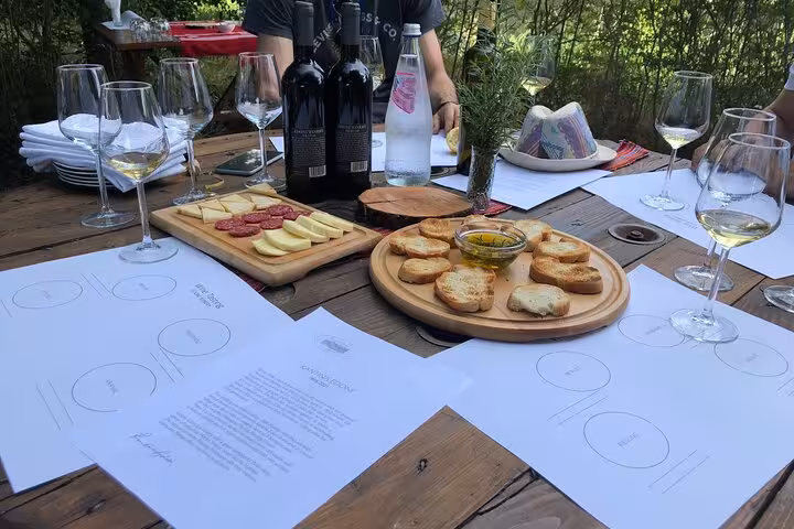 Rustic wine tasting setup in Berat with glasses, local wines, and a charcuterie board on a wooden table.