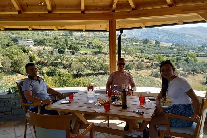 Guests enjoying wine tasting under a wooden gazebo with scenic Berat vineyard views on a day trip tour.
