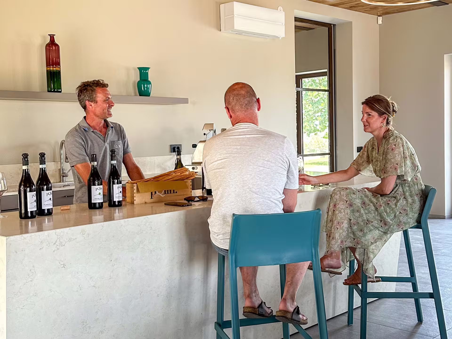 Guests enjoying a wine tasting session with a host in Langhe, highlighting food pairings near Alba.