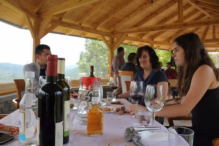 Visitors enjoy fine wine and local cuisine under a wooden pavilion with scenic views in Berat, Albania.