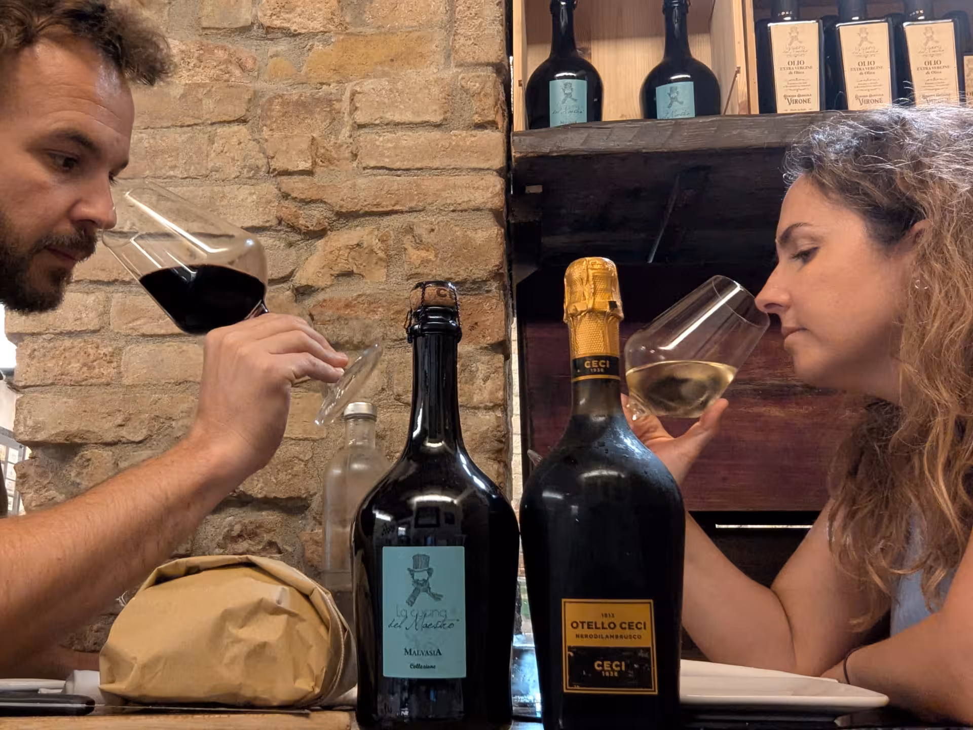 Two individuals savoring red and white wine with a selection of Parmesan and ham in a rustic Parma setting.