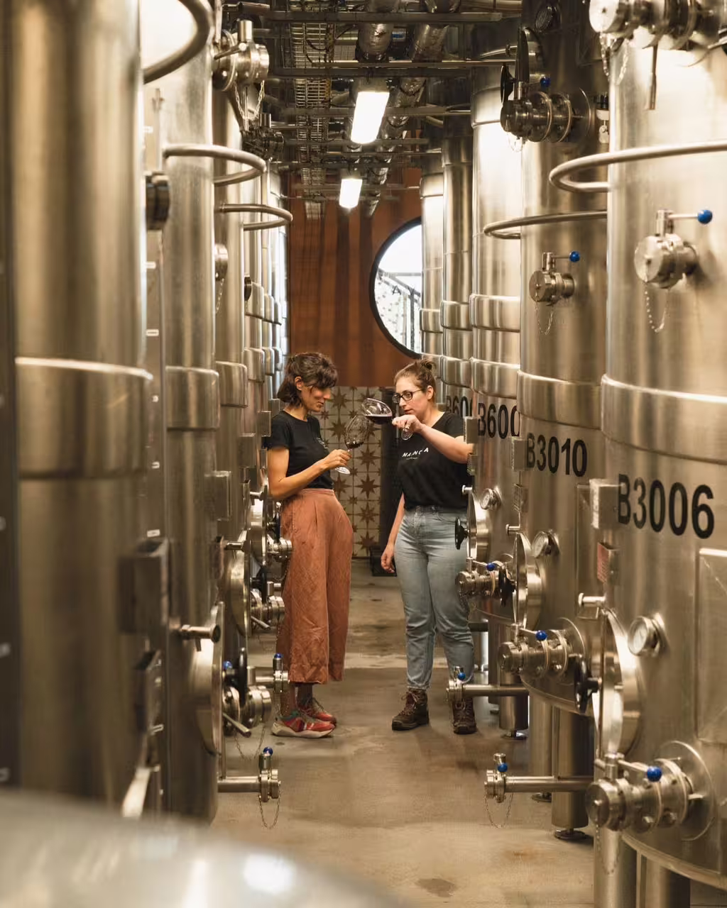 Two people tasting wine in a modern winery, surrounded by stainless steel fermentation tanks, during a 6-wine tour experience.