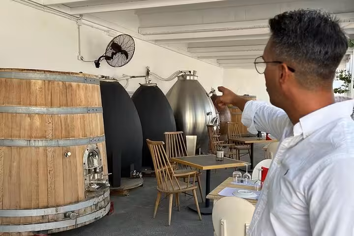 Winery cellar tasting room with barrels and tanks on a private sunset wine tour, sampling local wines and tapas